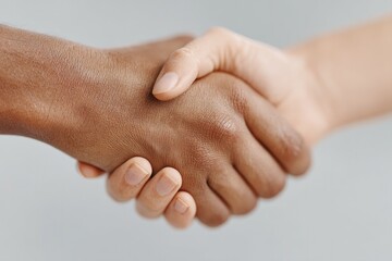 Fototapeta premium two people shaking hands against plain background symbolizing reconciliation and with plenty of copy space for text
