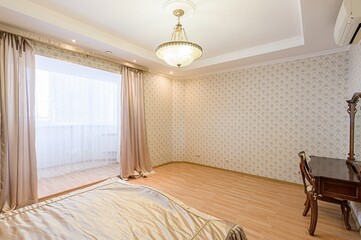 interior room apartment bedroom with bed, cozy place to sleep and relax