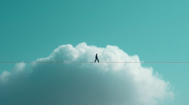 A lone figure balances on a tightrope above fluffy clouds, symbolizing challenge, focus, and surreal heights against a teal sky.