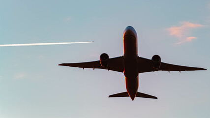 Passenger jet airplane in flight on a sunny summer evening at Munich airport, MUC, Freising, Bavaria, Germany