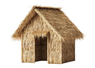 Rustic handmade hut constructed from natural straw material, isolated on transparent cutout background