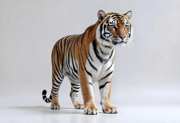 Obraz premium Bengal tiger standing confidently in a studio with soft light and plain background, showing detailed stripes and strong posture.