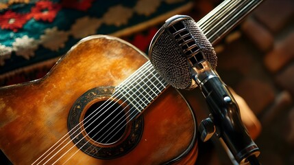A mariachi guitar next to a vintage microphone. Concept: Mexican culture, traditional music and retro performance—ideal for cultural art, music promotion, event design or storytelling.