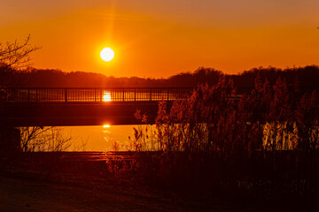 Winter sunset or sundowner view with reflections near Niederpoering, Isar, Oberpoering, Deggendorf,...