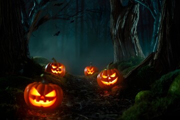 Jack-o'-lanterns glow eerily in a spooky, darkened forest, capturing the essence of the Halloween spirit with a focus on shadows and a mystical ambience.