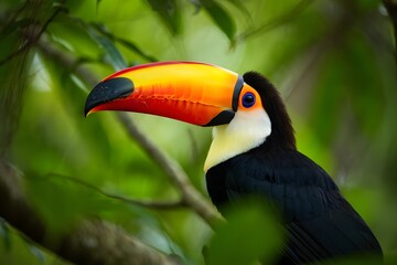 Naklejka premium A vibrant toucan perches gracefully amidst the lush green foliage of a rainforest, displaying its distinctive multi-colored beak in a moment of natural beauty.