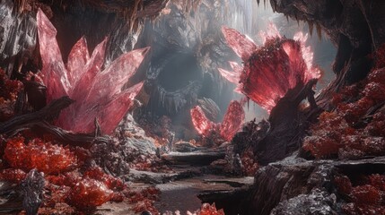 Fantasy cave landscape with red crystals. Concept of fantasy, nature, and geology.