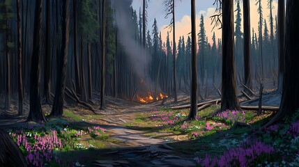 A forest recovering from a devastating wildfire 