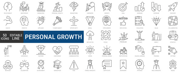 Personal growth icons set, editable line icon pack. coaching, business training, tutorship, consulting, development, learning symbols. simple vector collection.