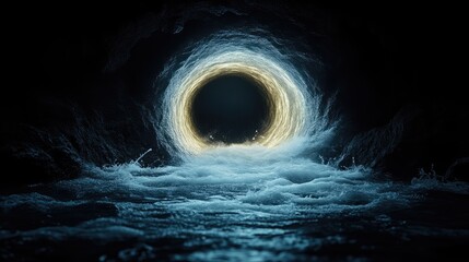 Mysterious tunnel entrance.  Circular ethereal light.  Watery cave