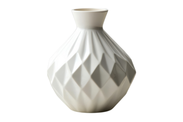 Elegant white ceramic vase with a geometric diamond pattern design perfect for modern home decor isolated on a black background on transparent background