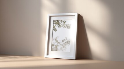 large elegant white frame with thin border stands against neutral pastel wall casting subtle shadow onto smooth tabletop