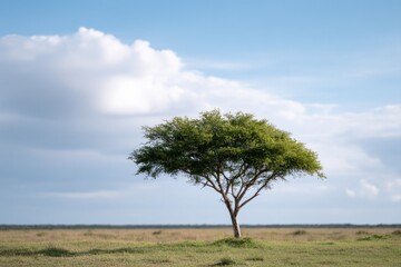 Fototapeta premium lone acacia tree stands against vast expanse of south african savannah