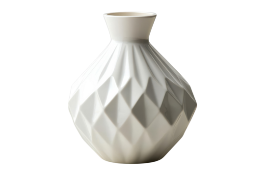 Elegant white ceramic vase with a geometric diamond pattern design perfect for modern home decor isolated on a black background on transparent background - Powered by Adobe