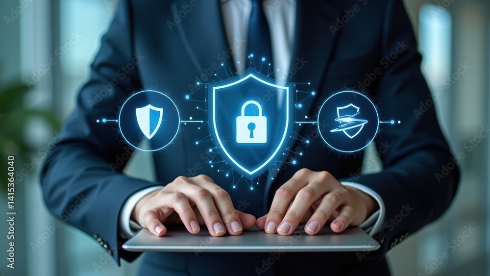 Poster man in a suit is typing on a laptop with a blue screen that has a security symbol on it