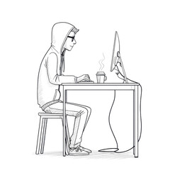 Person in Hoodie Working at Desk Late Night Computer Sketch Illustration