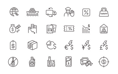 Trade tariffs, trade war icon set. American import and export tariffs. Vector line icon set with editable stroke.