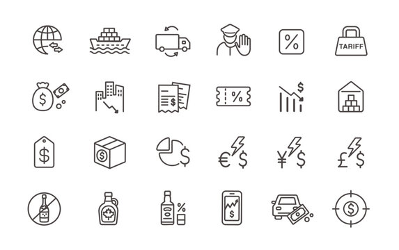 Trade tariffs, trade war line icon set with editable stroke. American import and export tariffs vector icons.