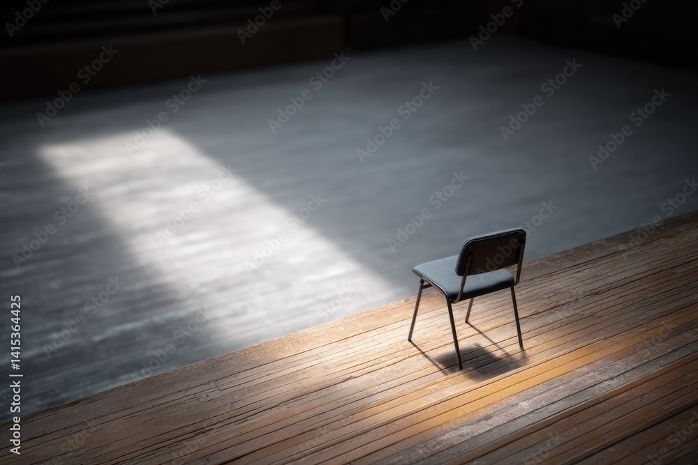 Poster minimalist orchestra pit viewed from above instruments neatly aligned on wooden floor conductor stan