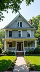 Large, two story house with a white trim and a gray roof. The house has a porch with a railing and a walkway leading up to the front door