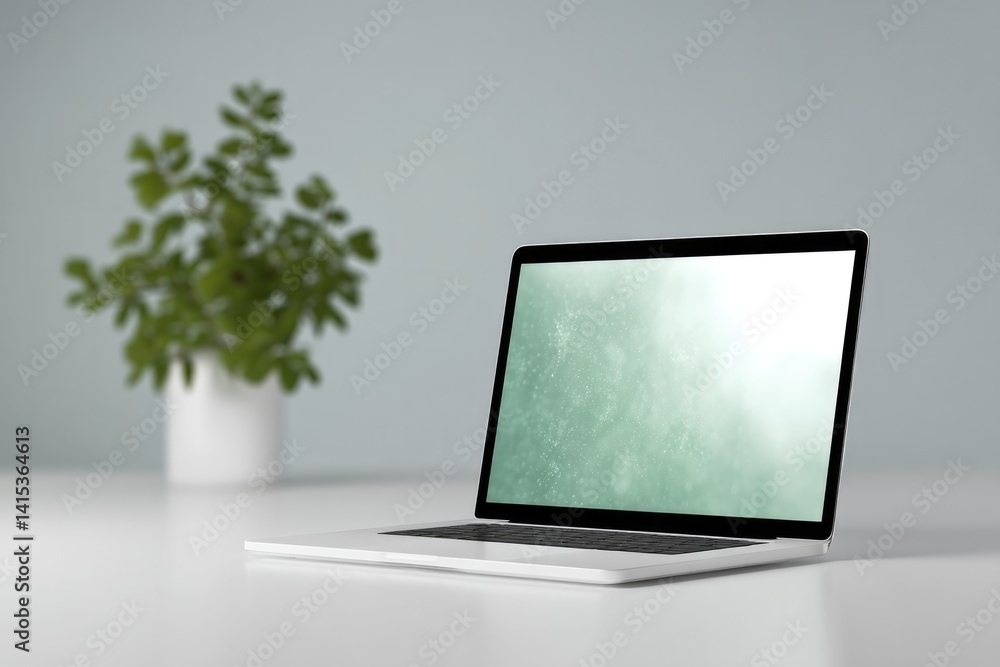 Poster minimalistic image depicting clean workspace with laptop displaying digital neural networks emphasiz