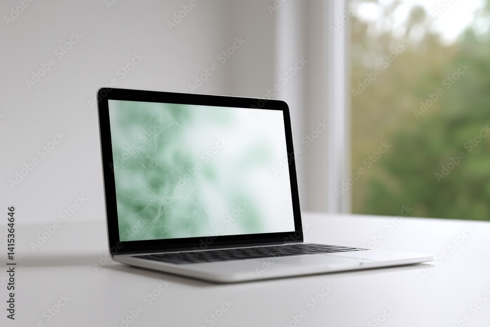 Poster minimalistic image depicting clean workspace with laptop displaying digital neural networks emphasiz