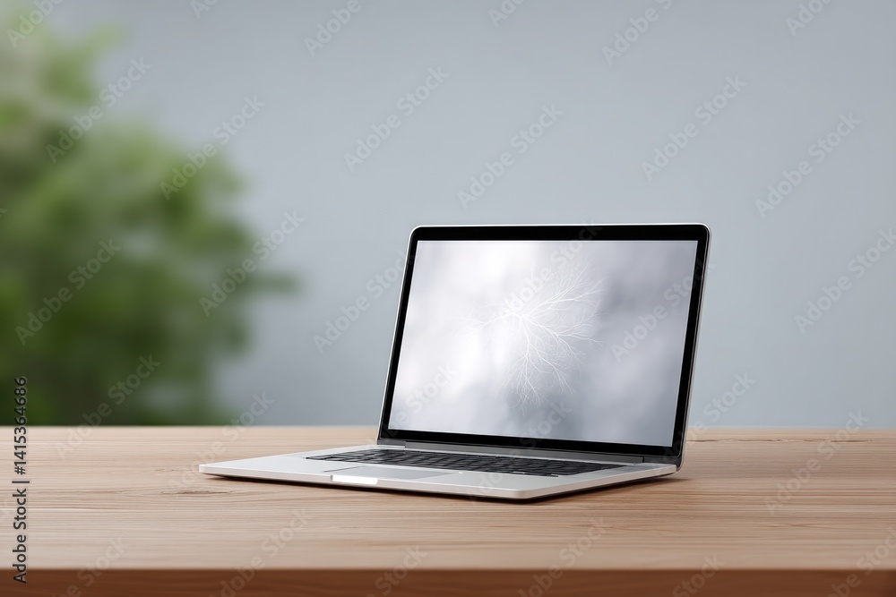 Poster minimalistic image depicting clean workspace with laptop displaying digital neural networks emphasiz