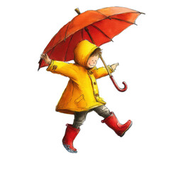 Happy child joyfully skips in the rain wearing a yellow raincoat and red boots holding a red umbrella