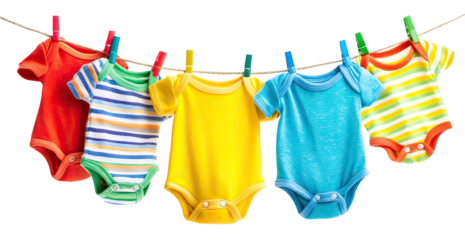 Set of colorful baby clothes hanging on a rope with clothespins, isolated on transparent cutout background