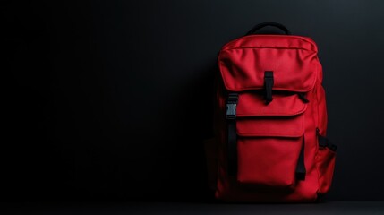 Red backpack against black backdrop