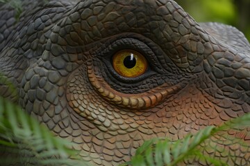 A close-up shot of a dinosaur's captivating eye, revealing intricate textures of the ancient creature.
