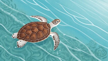 Illustration of a Sea Turtle Swimming in Blue Ocean Water 