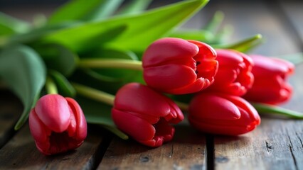 Red Tulips On Rustic Wood Surface