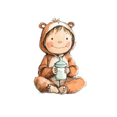 Adorable Toddler in a Cute Bear Onesie Holding a Baby Bottle Sweet Watercolor Illustration