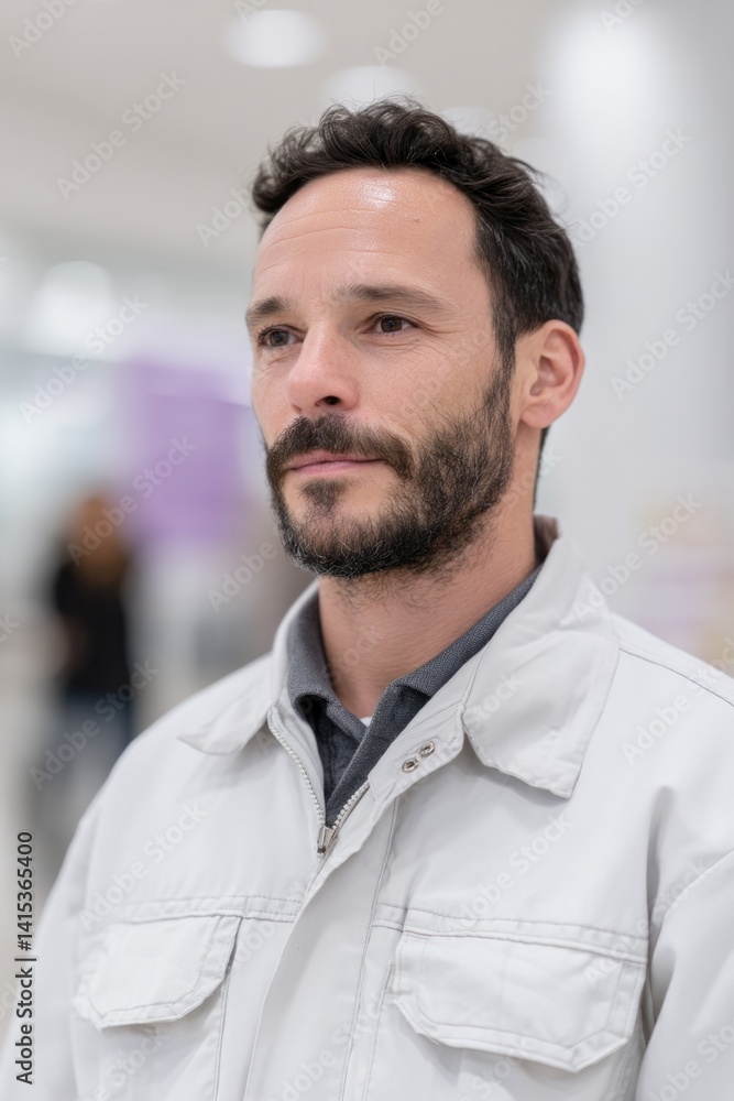 Poster professional technician in uniform stands in focus while blurred figures move in background