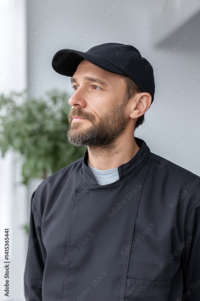 Poster professional technician in uniform stands in focus while blurred figures move in background