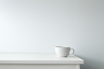 Obraz premium serene white desk with untouched coffee cup in corner against plain background signaling minimalistic personal space