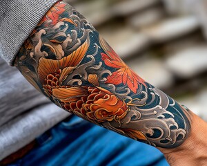 Close-up of a vibrant tattoo design on a forearm, featuring intricate details of flowers and koi fish, showcasing creativity and artistic expression.