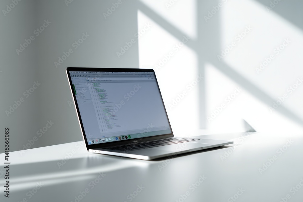 Poster sleek laptop on white desk open to line of code indicating machine learning in progress with ample n