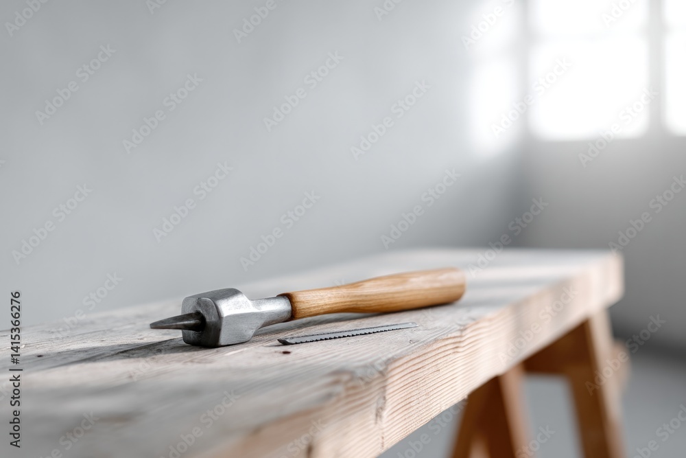Poster solitary well-organized tool display on clean workbench illuminated by natural light minimalistic de