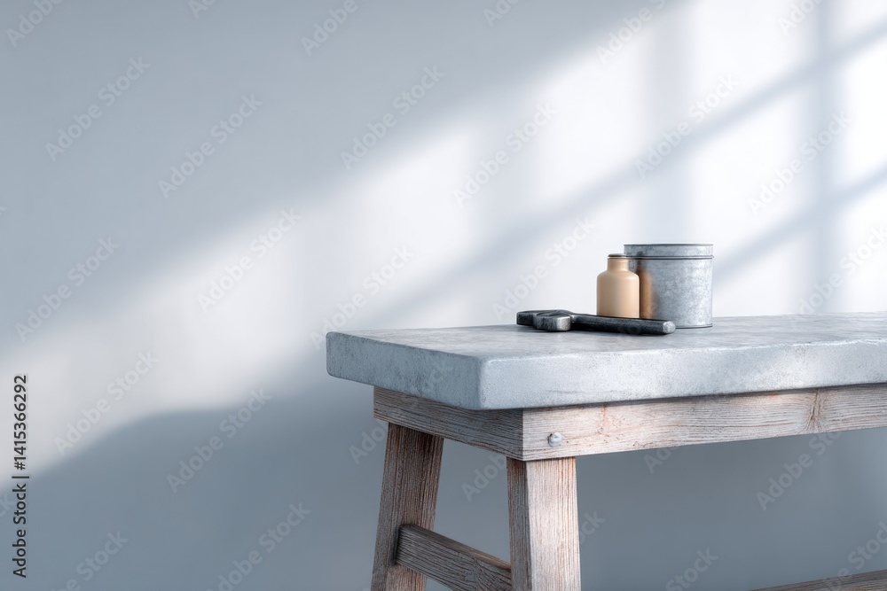 Poster solitary well-organized tool display on clean workbench illuminated by natural light minimalistic de