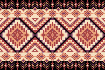 Bold indigenous-inspired textile design with stacked diamond medallions framed by intricate borders. Rich terracotta, purple, and cream palette creates striking contrast perfect for creative projects.