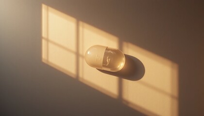 Pill dropping event clean surface macro photography soft lighting close-up perspective health concept