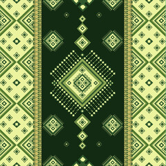 Verdant tribal diamond pattern with intricate pixel motifs in forest green and chartreuse. Perfect for eco-conscious designs, cultural textiles, and earthy modern decor.