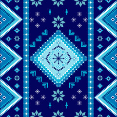 Dive into the mesmerizing world of winter-inspired Geometric native pattern. Bold blue hues, diamond motifs, and snowflake accents. Cultural charm meets modern design