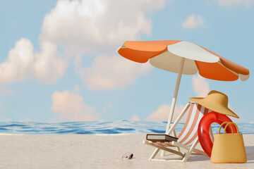 Beach day relaxation with umbrella and accessories. 3d rendering