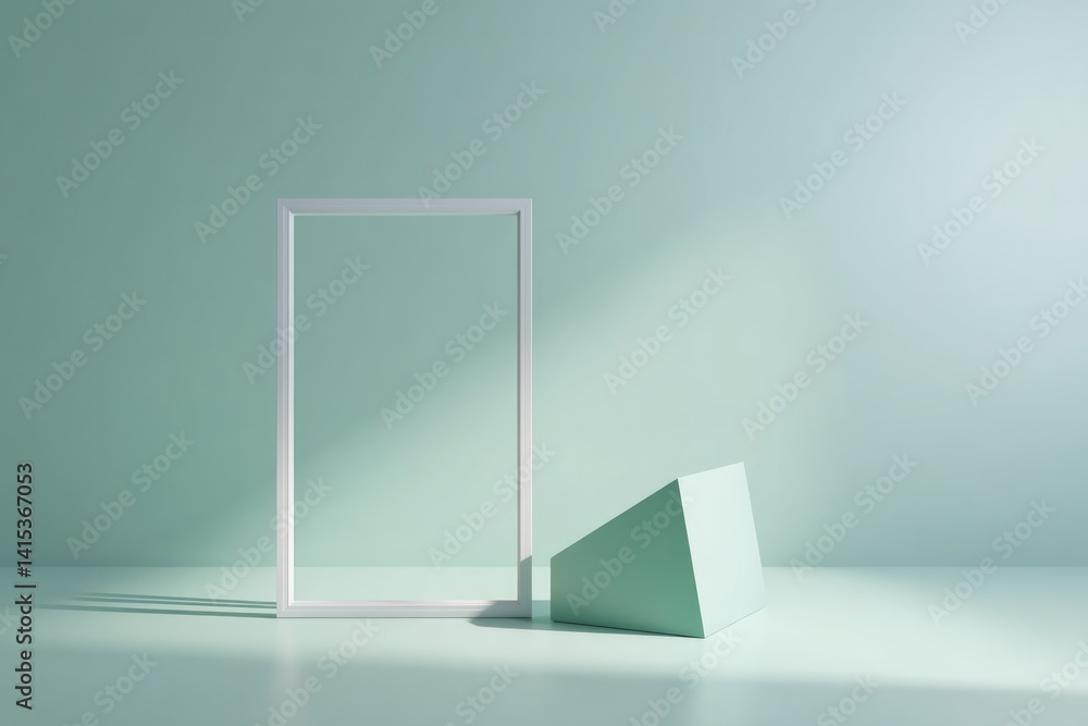 Poster elegantly minimal 3d illustration features empty frame standing upright next to simple geometric obj