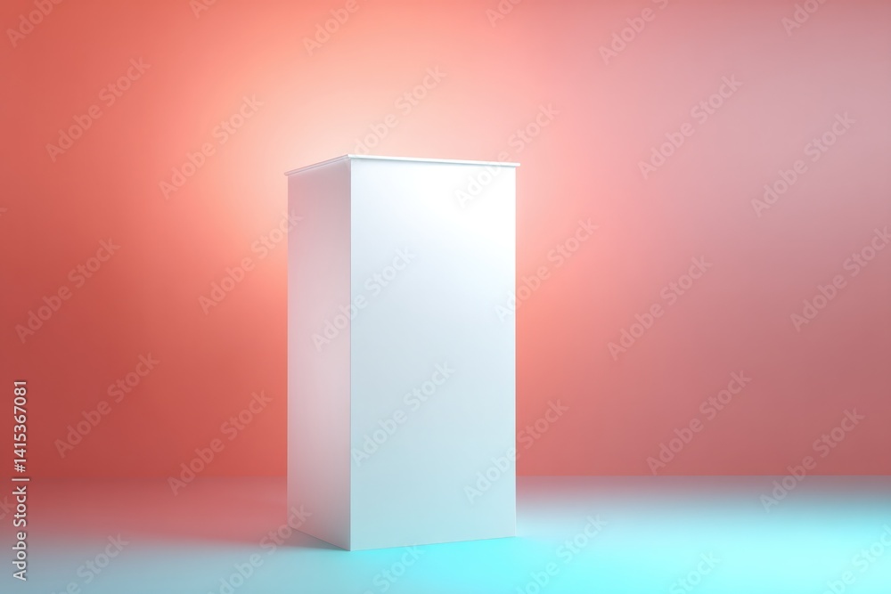 Poster empty podium illuminated with volumetric lighting on vibrant neon background emphasizing clean lines