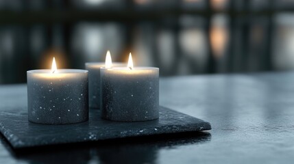 Three gray candles on a slate tray, warm glow