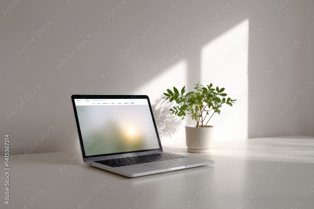 Poster bright desk setup with laptop open to online shopping site minimalist style with ample copy space